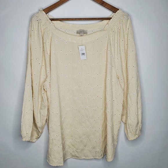 Loft Womens Tan Stiped Eyelet Off The Shoulder Blouse Size XL Long Sleeve Boho - Picture 1 of 9